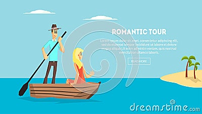Romantic Tour, Love Couple Travel Together, Happy Young Man and Woman Dating on Boat on Tropical Resort Vector Vector Illustration