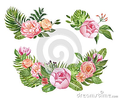 Watercolor floral tropical frames and bouquets, isolated on white background. Palm leaves, monstera foliage, pink roses and peony Stock Photo