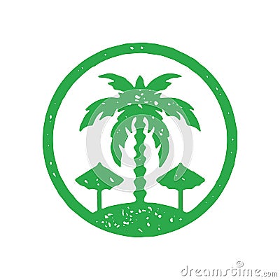 Romantic tropical circle frame logo with palm tree island and two sunbathing umbrella grunge texture Vector Illustration