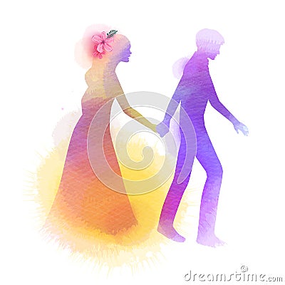 Romantic Valentine lovers silhouette on watercolor background. Love at first sign concept. Engagement couple. Happy valentine`s Vector Illustration