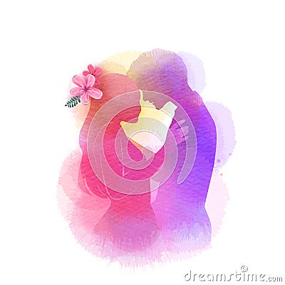 Romantic Valentine lovers silhouette on watercolor background. Love at first sign concept. Engagement couple. Happy valentine`s Vector Illustration