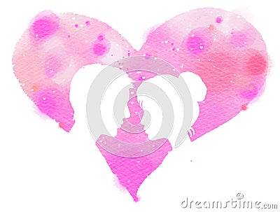Romantic Valentine lovers silhouette on watercolor heart background. Love at first sign concept. Digital art painting Stock Photo