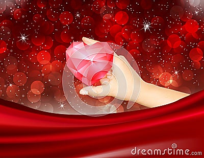 Romantic Valentine Red Ruby Heart Diamond Bokeh lights Elegant Love Background Vector Illustration