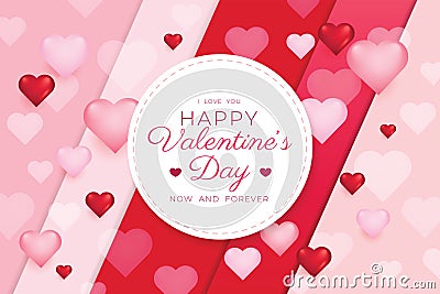 Romantic Valentine`s Day greeting card with red and pink hearts. Vector Illustration