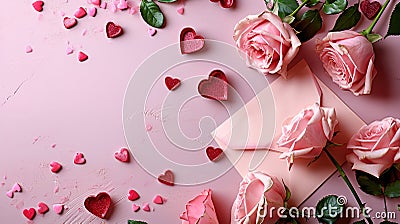 Romantic Valentine's Day, Pink Roses, Love Note in Envelope, Heart Shapes on Soft Pink Pastel Background, Ai generative Stock Photo