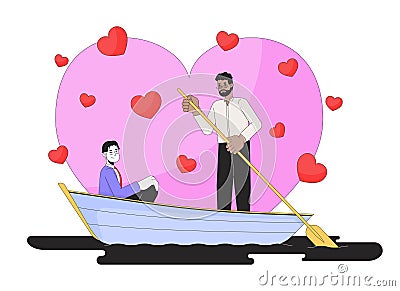 Romantic Valentines day boyfriends lake boating 2D linear illustration concept Vector Illustration