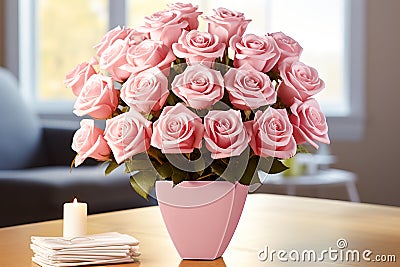Romantic Valentines Day greeting card in soft colors with a bouquet of roses in a vase on the table Stock Photo