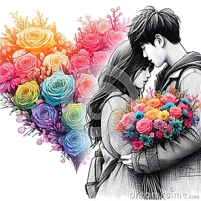 Romantic vector illustration with flowers, birds, heart and couple. Cartoon Illustration