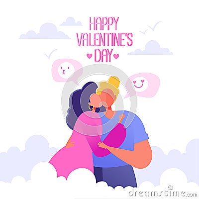 Romantic vector illustration on love story theme. Happy flat people character on the seventh heaven. Soaring in the clouds. Vector Illustration