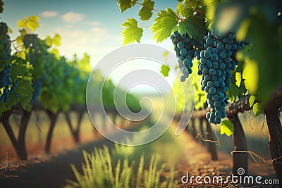 Romantic View from a Vineyard with Grapes and Vines Stock Photo