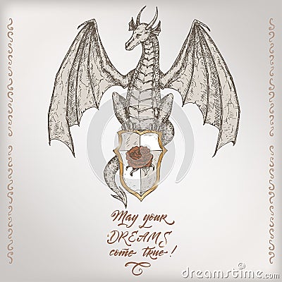 Romantic vintage birthday card template with calligraphy and dragon sketch. Vector Illustration