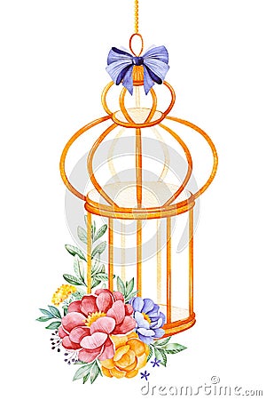 Romantic watercolor Birdcage with peony,rose,leaves,flowers,branches and bows Stock Photo