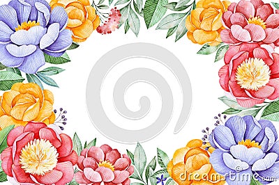 Romantic watercolor frame border with peony,rose,leaves Stock Photo