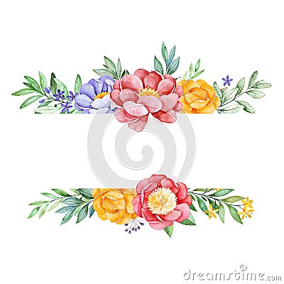 Romantic watercolor frame border with peony,rose,leaves,flowers,branches and berries. Stock Photo