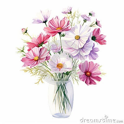 Romantic Watercolor Illustration Of Wild Cosmos In A Vase Stock Photo