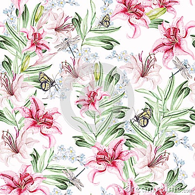 Romantic watercolor pattern with flowers lilies and berries. Stock Photo
