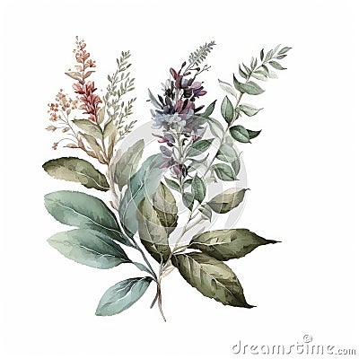 Watercolor Sage Floral Clipart. Beautiful Watercolor set . Isolated on White Background. Stock Photo