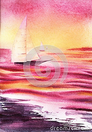 Romantic watercolor sea landscape of white sailboats floating across colorful waves of boundless sea reflecting sunset gradient Stock Photo