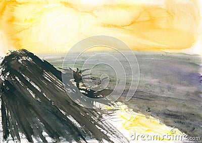 Watercolor seascape in dark colors with palms and sunny sky Stock Photo