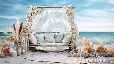 romantic wedding arch, beautifully decorated in a boho fashion near sea coast Stock Photo