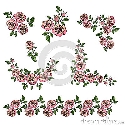 Romantic wedding bouquet with red roses vector set Vector Illustration