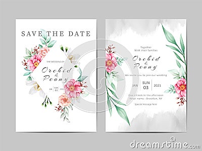 Romantic wedding invitation template cards set of floral and watercolor background Vector Illustration