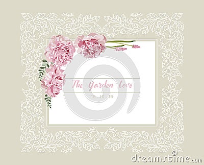 Romantic wedding invitation. Vintage card with pink flowers and floral white outline frame Vector Illustration