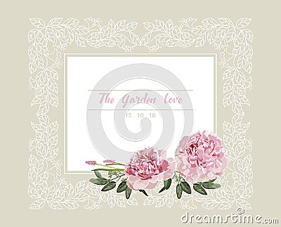 Romantic wedding invitation. Vintage card with pink and yellow flowers and floral white outline frame Vector Illustration