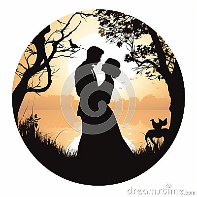 Romantic Wedding Silhouette Illustration In Nature Stock Photo