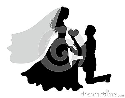 Romantic wedding silhouettes of a couple on white. Vector Illustration