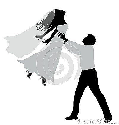 Romantic wedding silhouettes of a couple on white. Vector Illustration