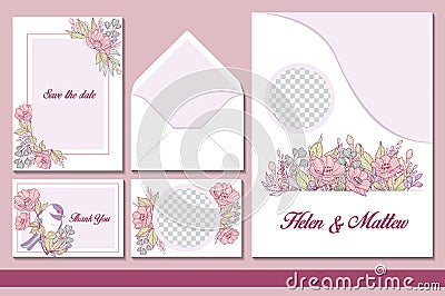 Romantic wedding stationery floral set Vector Illustration