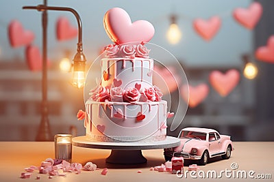 Romantic and Whimsical Valentines Day Cake Stock Photo