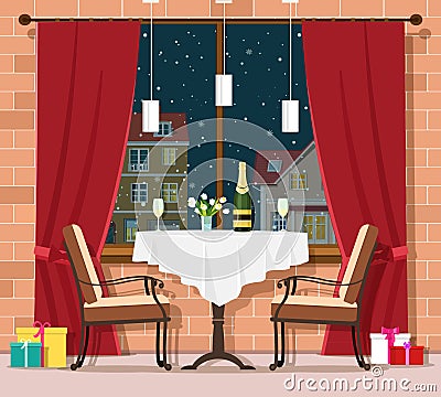 Romantic winter evening concept. Stylish vintage restaurant table with chairs. Vector illustration. Vector Illustration