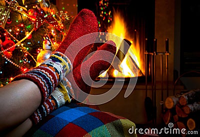 Romantic winter evening by the fireplace Christmas Stock Photo