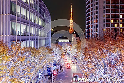 Romantic Winter Illumination Display in Christmas season in Keyakizaka Editorial Stock Photo