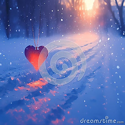 Romantic winter scene Red heart on snowy ground, Valentines concept Stock Photo