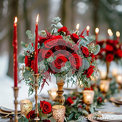 Romantic winter setting Wedding decor enhanced with classic red roses Stock Photo