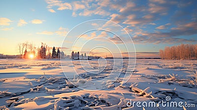 Romantic Winter Sunset Over Frosted Snow Field In Rural Canada Stock Photo