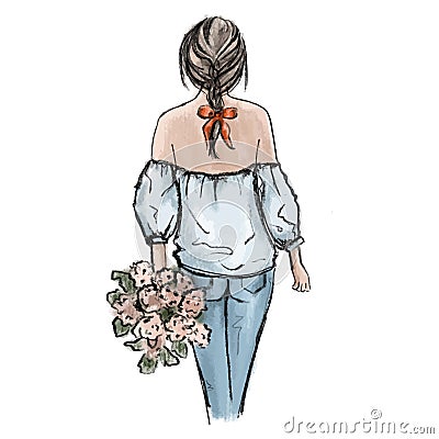 Romantic woman illustration. Hand drawn beautiful young woman holding flower bouquet. Glamour fashion outfit jeans Vector Illustration