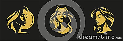 Romantic woman portrait golden silhouette face logo for cosmetic beauty skin care set vector flat Vector Illustration