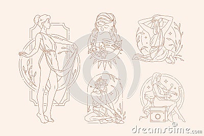 Romantic woman posing rose flower half moon playing harp practicing magic set icon vector Vector Illustration