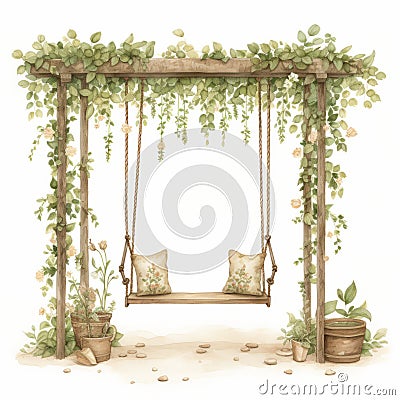 Romantic Wood Swing With Vines: Dreamy Watercolor Illustration Cartoon Illustration