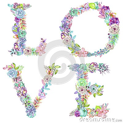 Romantic word ''LOVE'' wreathed with watercolor succulents, flowers and leaves on a white background Stock Photo