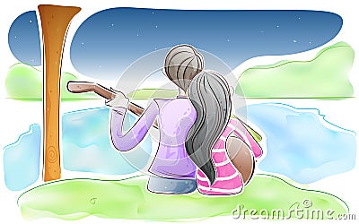 Romantic young Couple playing Guitar Cartoon Illustration