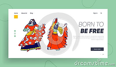 Romany Culture, Fun Website Landing Page. Gypsy Women Dressed in Colorful Dresses, Shawl and Jewelry Dancing Vector Illustration