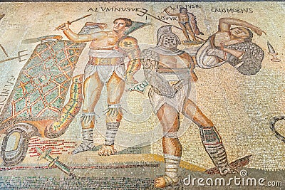 Rome. Ancient Roman floor mosaic depicting gladiators in the Galleria Borghese. Editorial Stock Photo