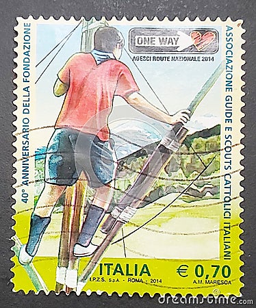 Italian postage stamps for 40th anniversary of the foundation Association of Italian Catholic guides and scouts Editorial Stock Photo