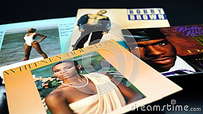 CDs and artwork of WHITNEY HOUSTON, and BOBBY BROWN. Married from 1992 to 2006 when after a difficult relationship they divorced Editorial Stock Photo