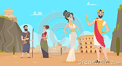 Rome background. Traditional historical landscape with citizens in authentic clothes exact vector cartoon rome people Stock Photo